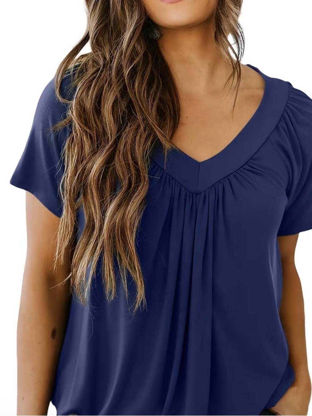 V-Neck Pleated Short Sleeve Blouse - Navy